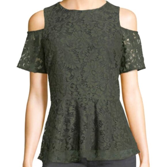Michael Kors SZS Forest Green Lace Peplum Top Fairy Dark Romantic Feminine Boho - Picture 2 of 8